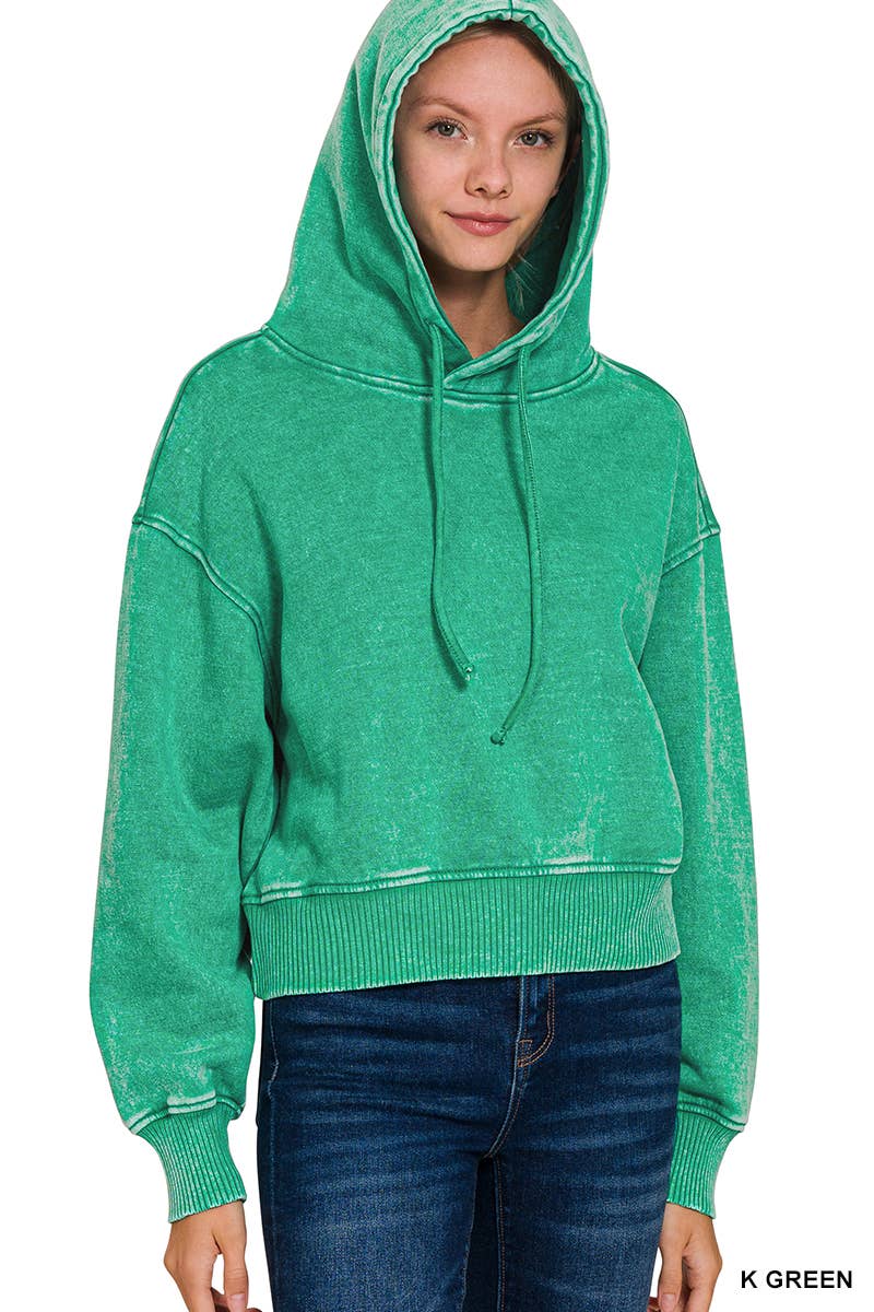 ...._ SI-25094 Acid Wash Fleece Cropped Hoodie