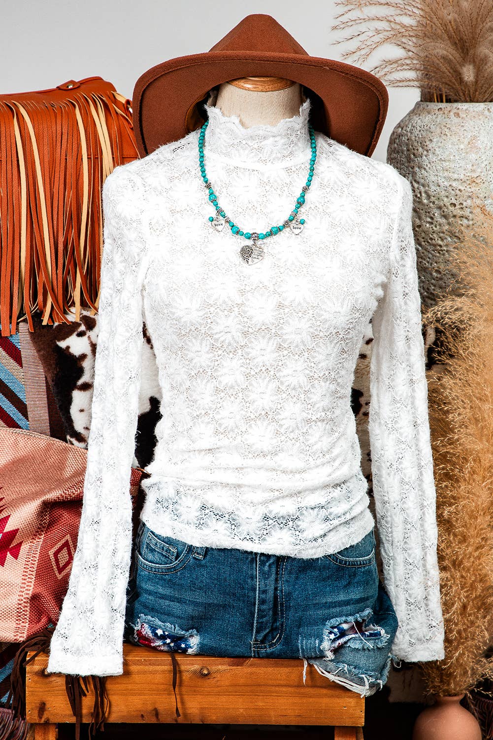 Fashion-W Floral Lace High Neck Long Sleeve Top