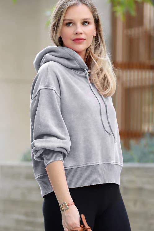 ...._ SI-25094 Acid Wash Fleece Cropped Hoodie