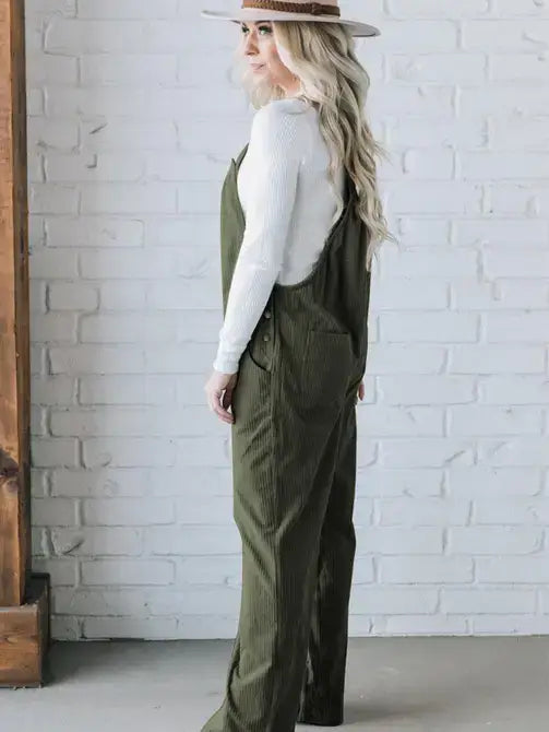Gray Morn Solid Pocketed Loose Fit Corduroy Overall