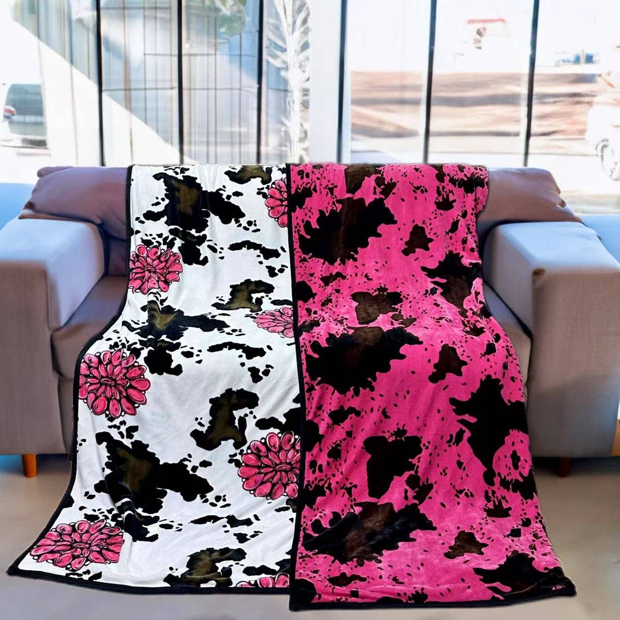Reversible Hot Pink Cow Print King Size Super Plush Blanket