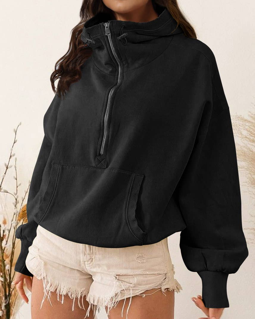 Ladies Long Sleeves Zip Collar Pocket Hoodie EWQD