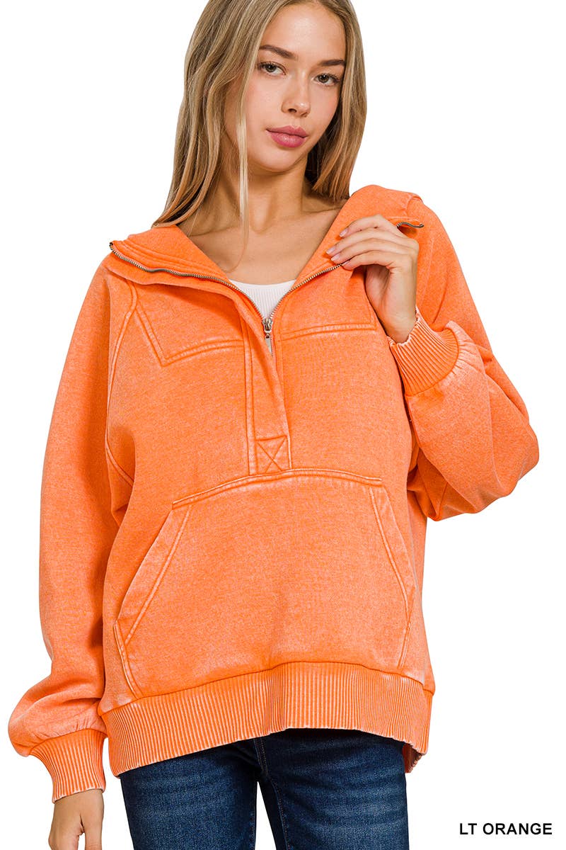 .SI-25317 Washed Fleece Oversized 1/4 Zip Hoodie