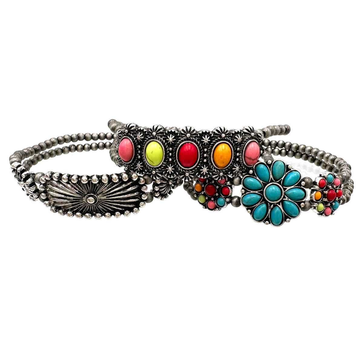 Western Turquoise Cabochon Flower 3 Piece Stretch Bracelet