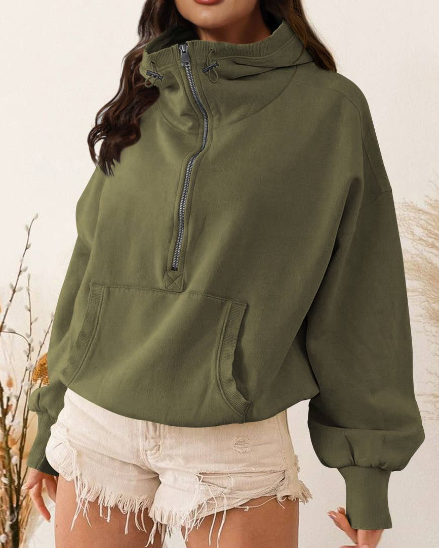 Ladies Long Sleeves Zip Collar Pocket Hoodie EWQD