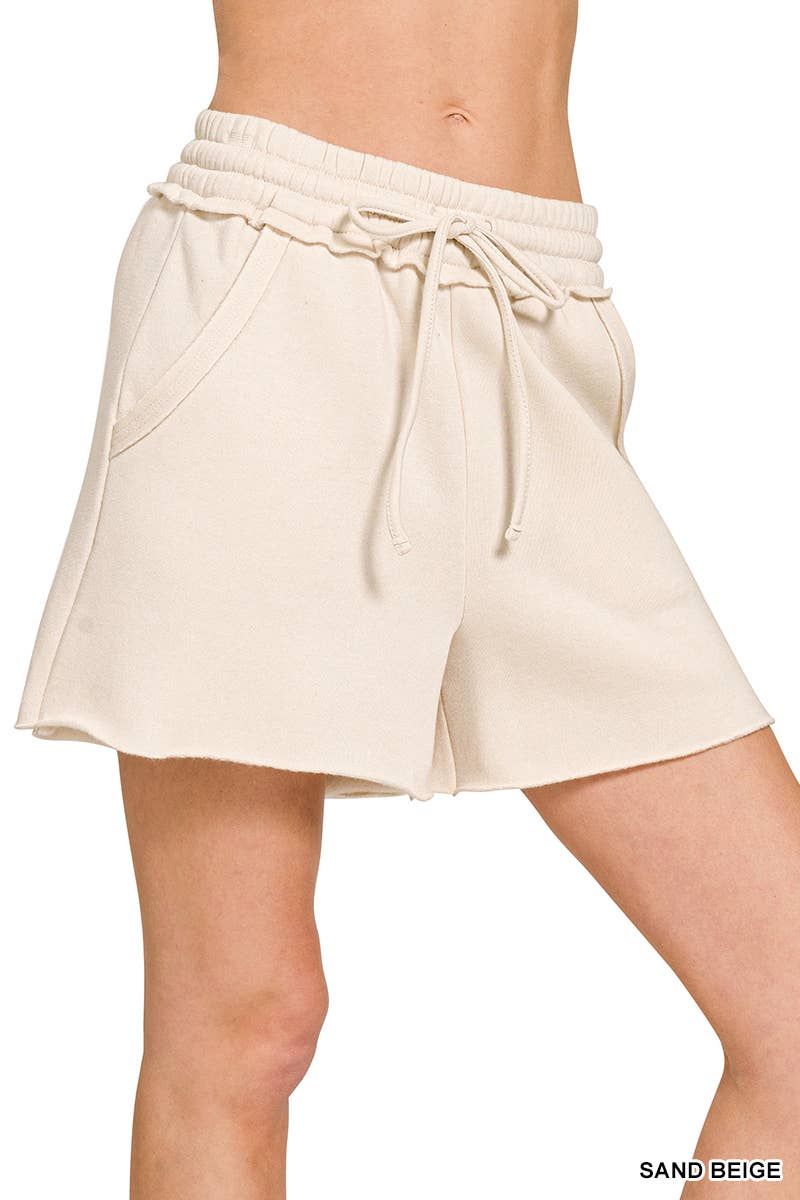 `.Fleece Raw Hem Shorts With Drawstring & Pockets