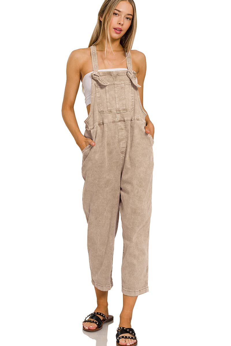 ',._ Washed Knot Strap Relaxed Fit Denim Overalls