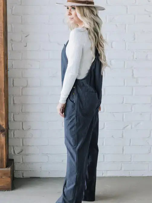 Gray Morn Solid Pocketed Loose Fit Corduroy Overall