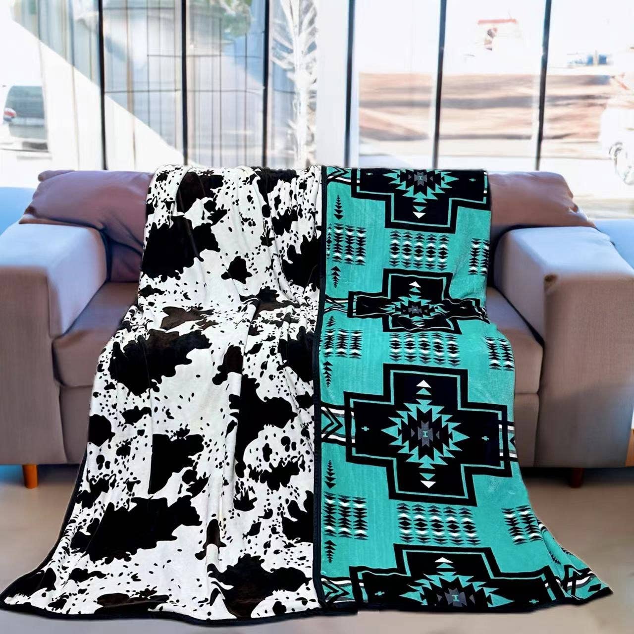 Reversible Aztec Cow Print King Size Super Plush Blanket