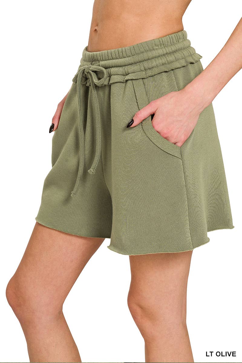 `.Fleece Raw Hem Shorts With Drawstring & Pockets