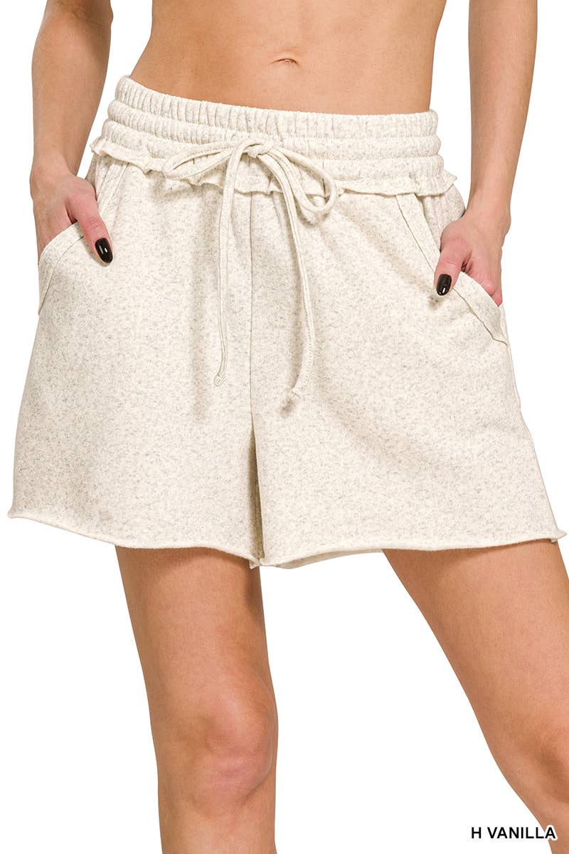 `.Fleece Raw Hem Shorts With Drawstring & Pockets