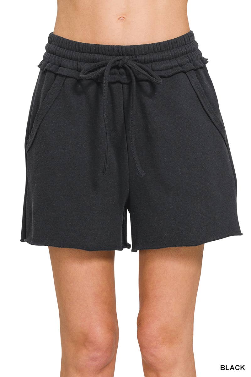 `.Fleece Raw Hem Shorts With Drawstring & Pockets