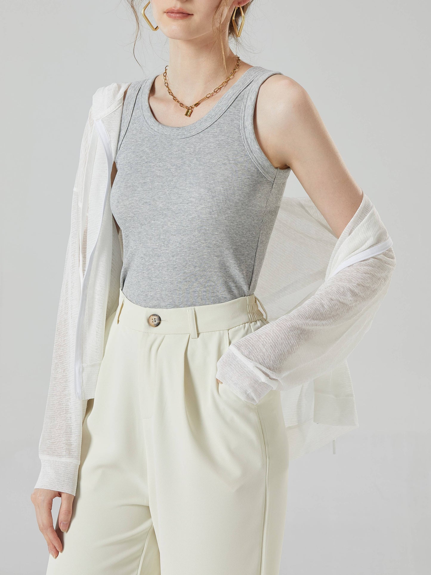 Base cotton round neck rib knit basic white tank top