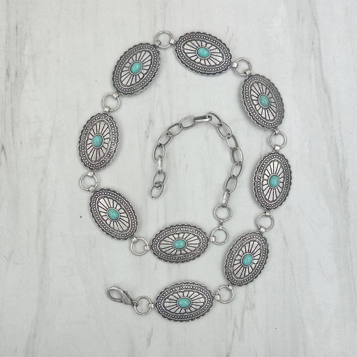 silver oval metal with blue turquoise stone hat decor chain.