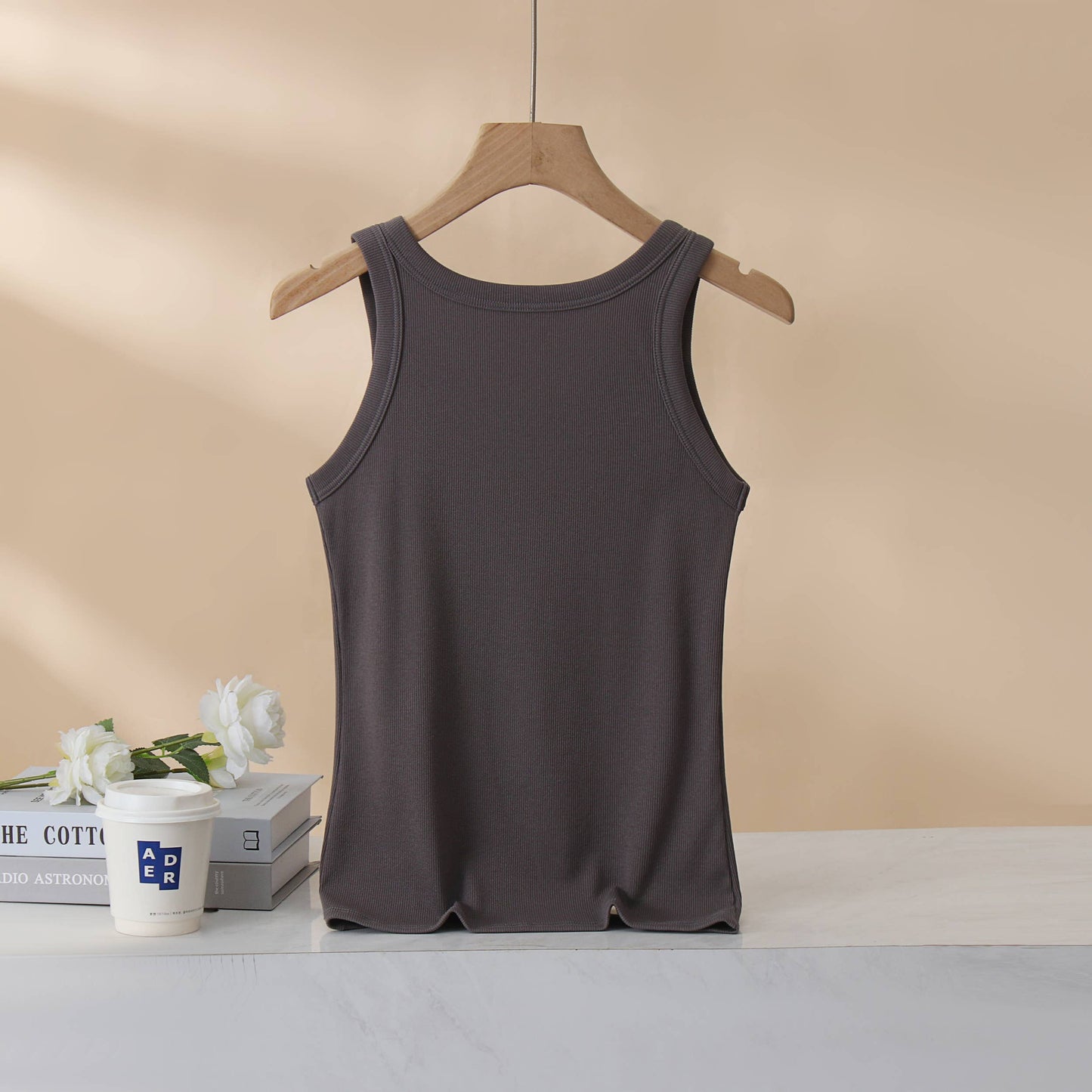 Base cotton round neck rib knit basic white tank top