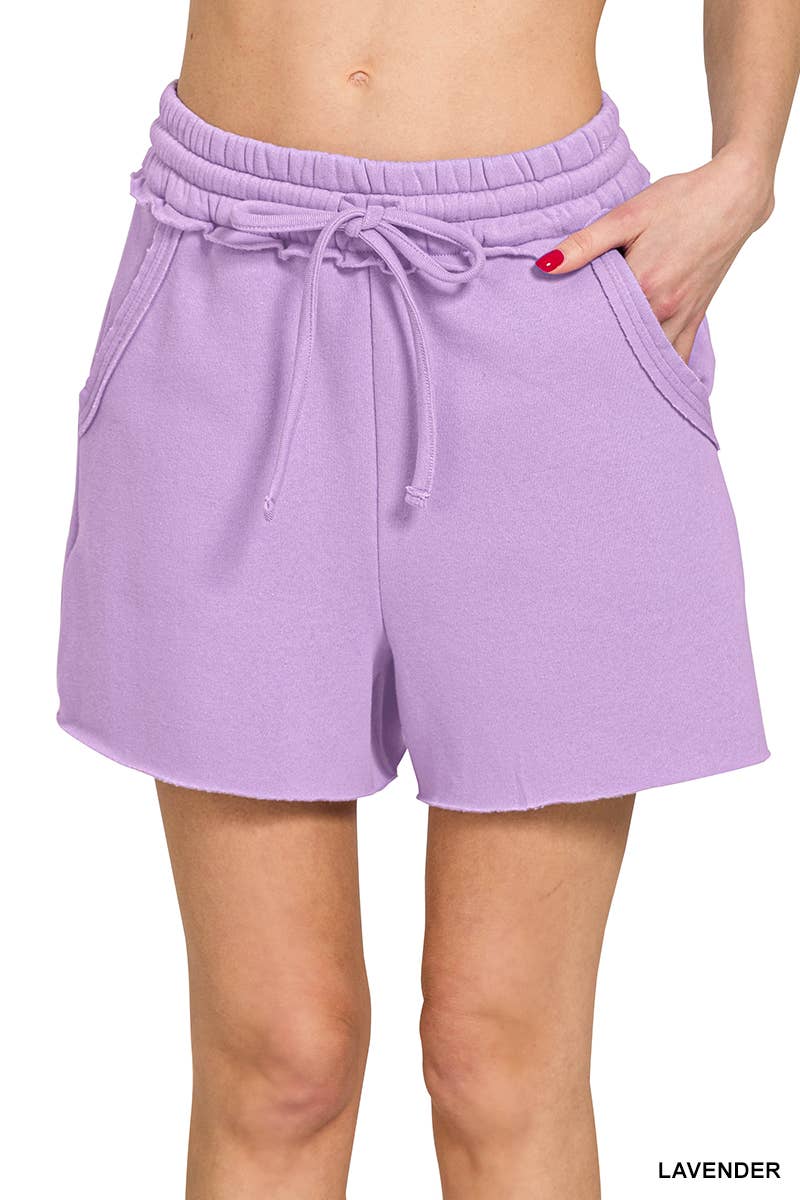 `.Fleece Raw Hem Shorts With Drawstring & Pockets