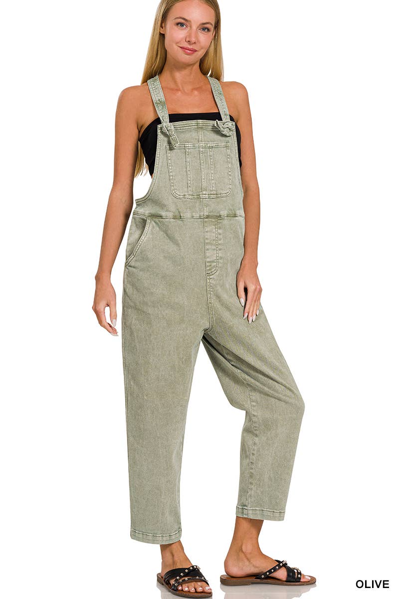 ',._ Washed Knot Strap Relaxed Fit Denim Overalls