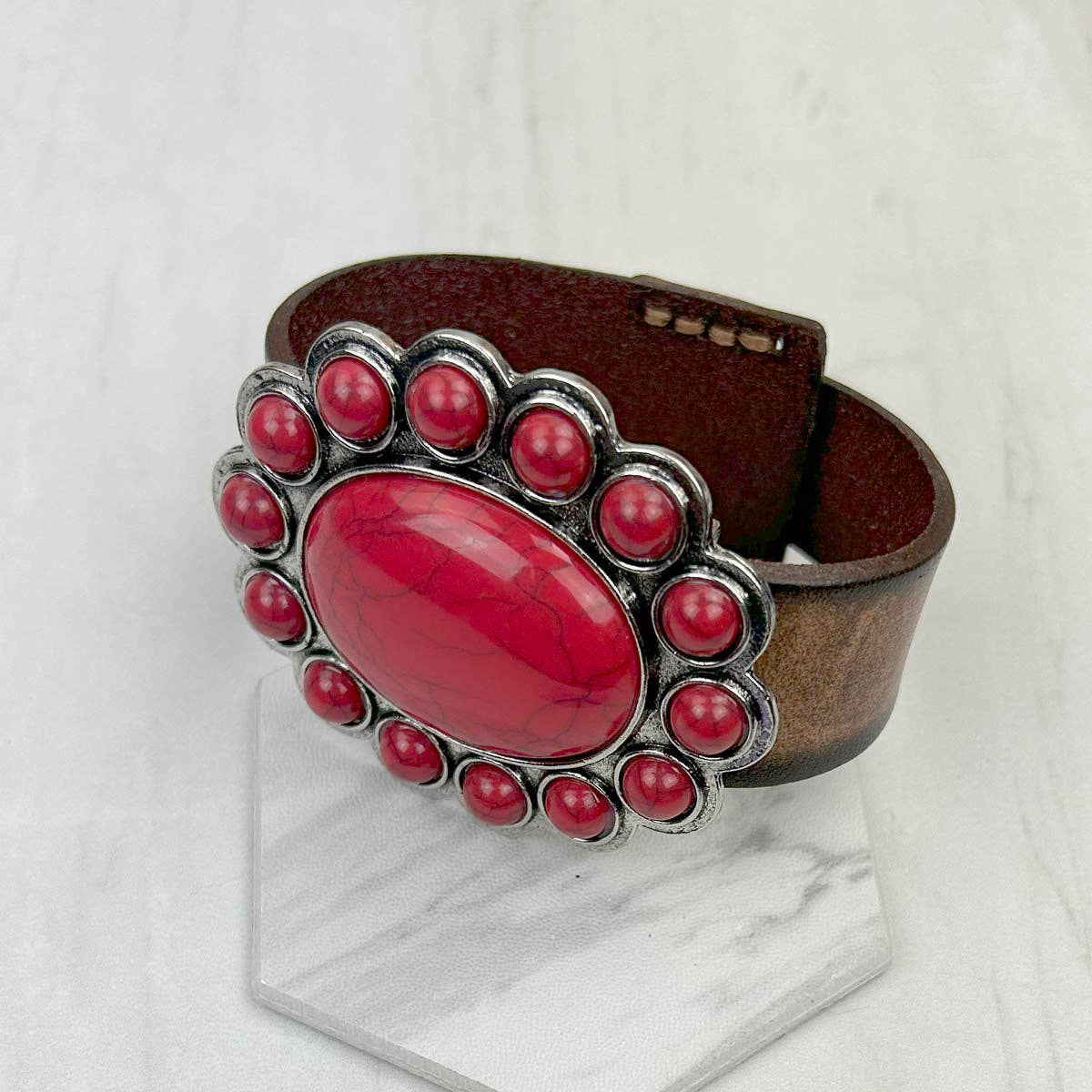 Brown leather with large blue turquoise stone oval concho bracelet