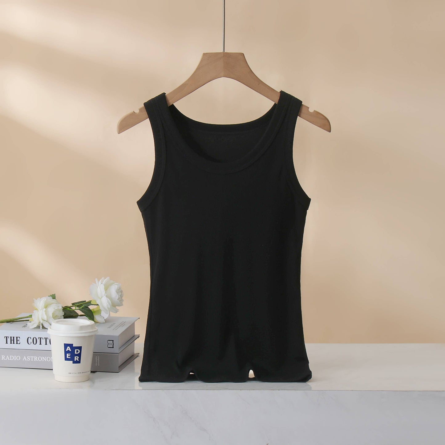 Base cotton round neck rib knit basic white tank top