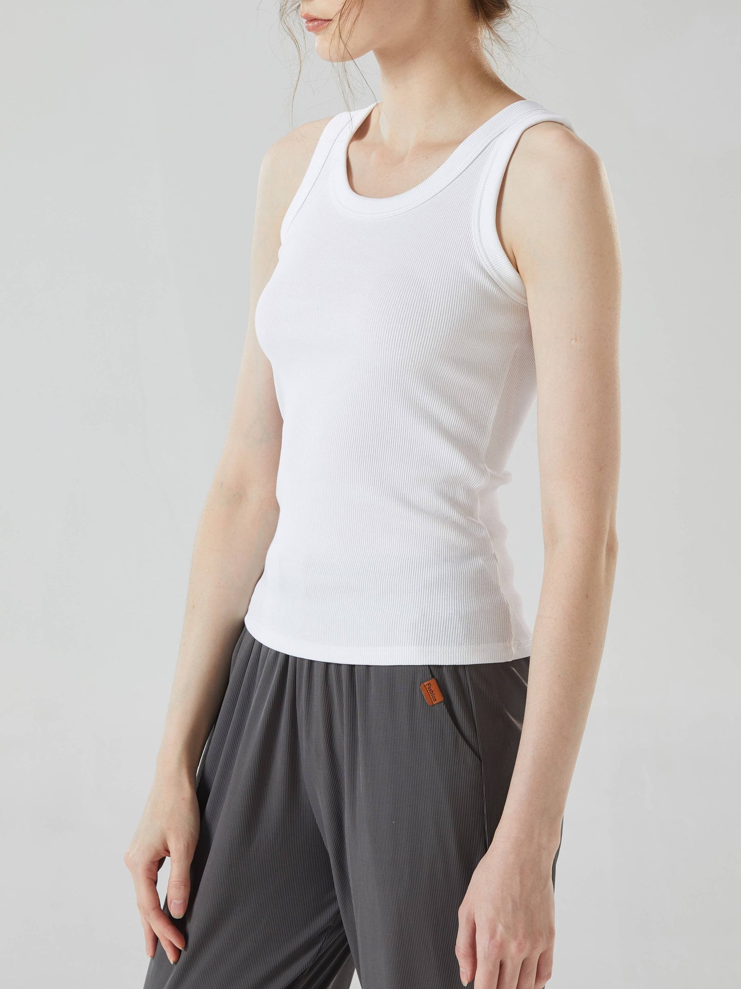 Base cotton round neck rib knit basic white tank top