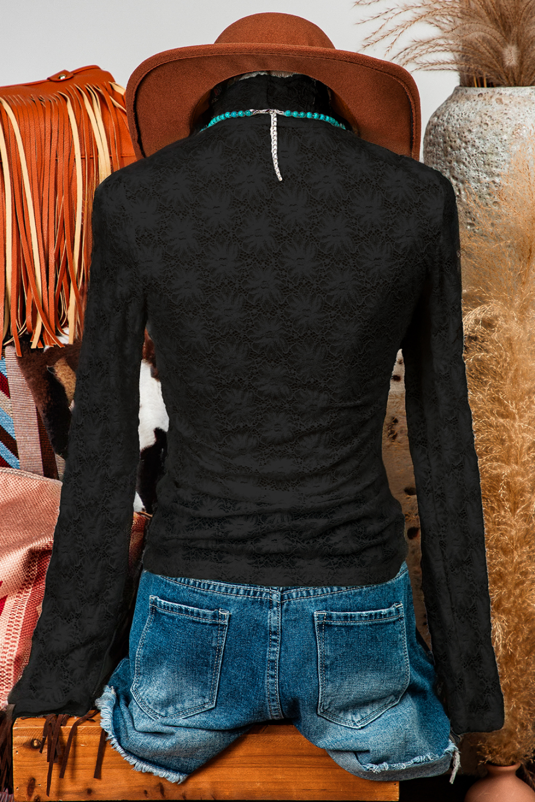 Fashion-W Floral Lace High Neck Long Sleeve Top