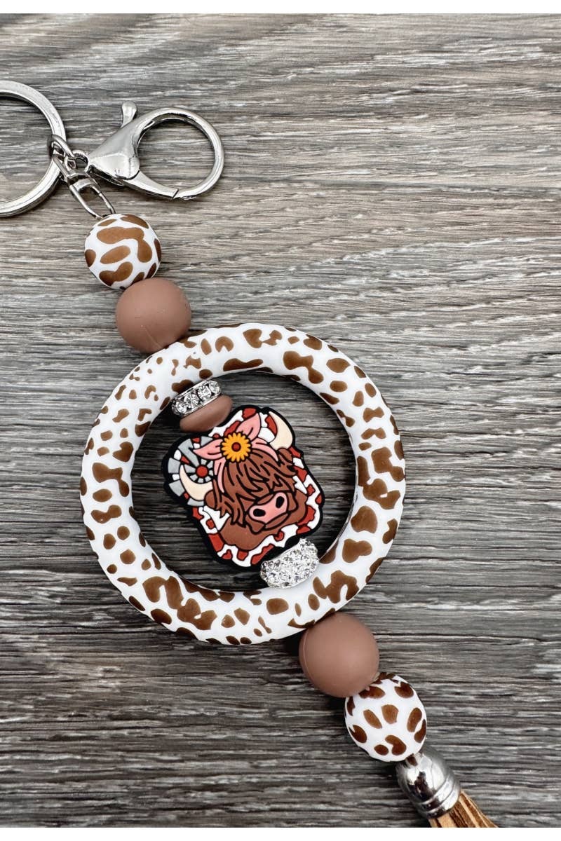 WESTERN COW LEOPARD SILICONE BEADED KEYCHAIN