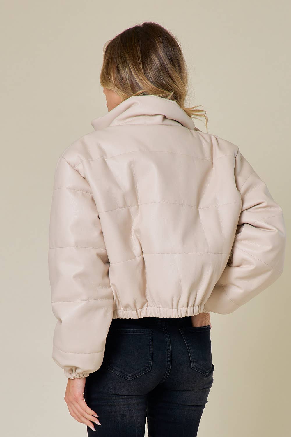 SIJ5169A CREAM FAUX LEATHER BUTTON/ZIPPER DOWN PUFFER JACKET