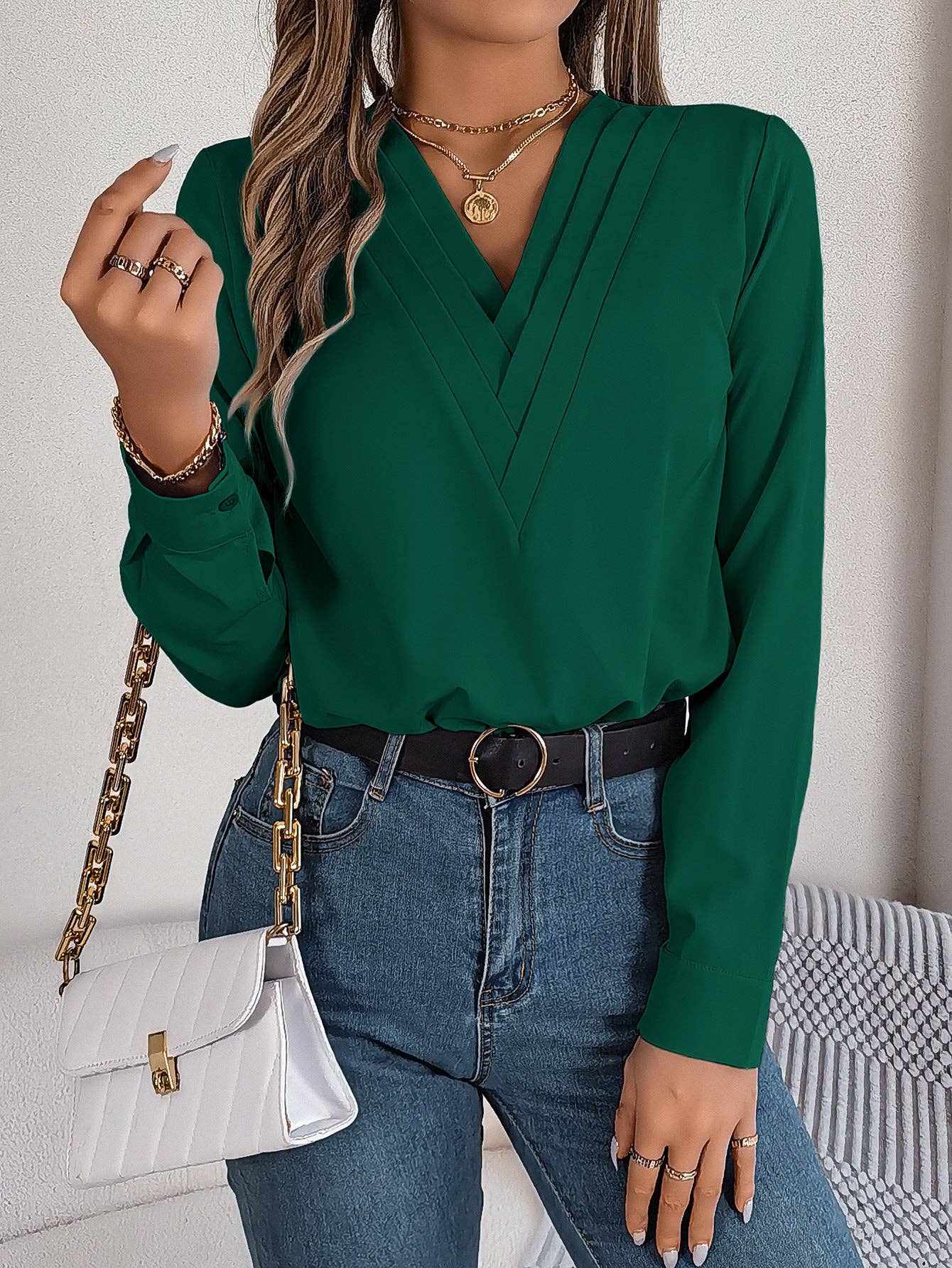 Solid Color Stacked V-neck Long-sleeved Elegant Shirt