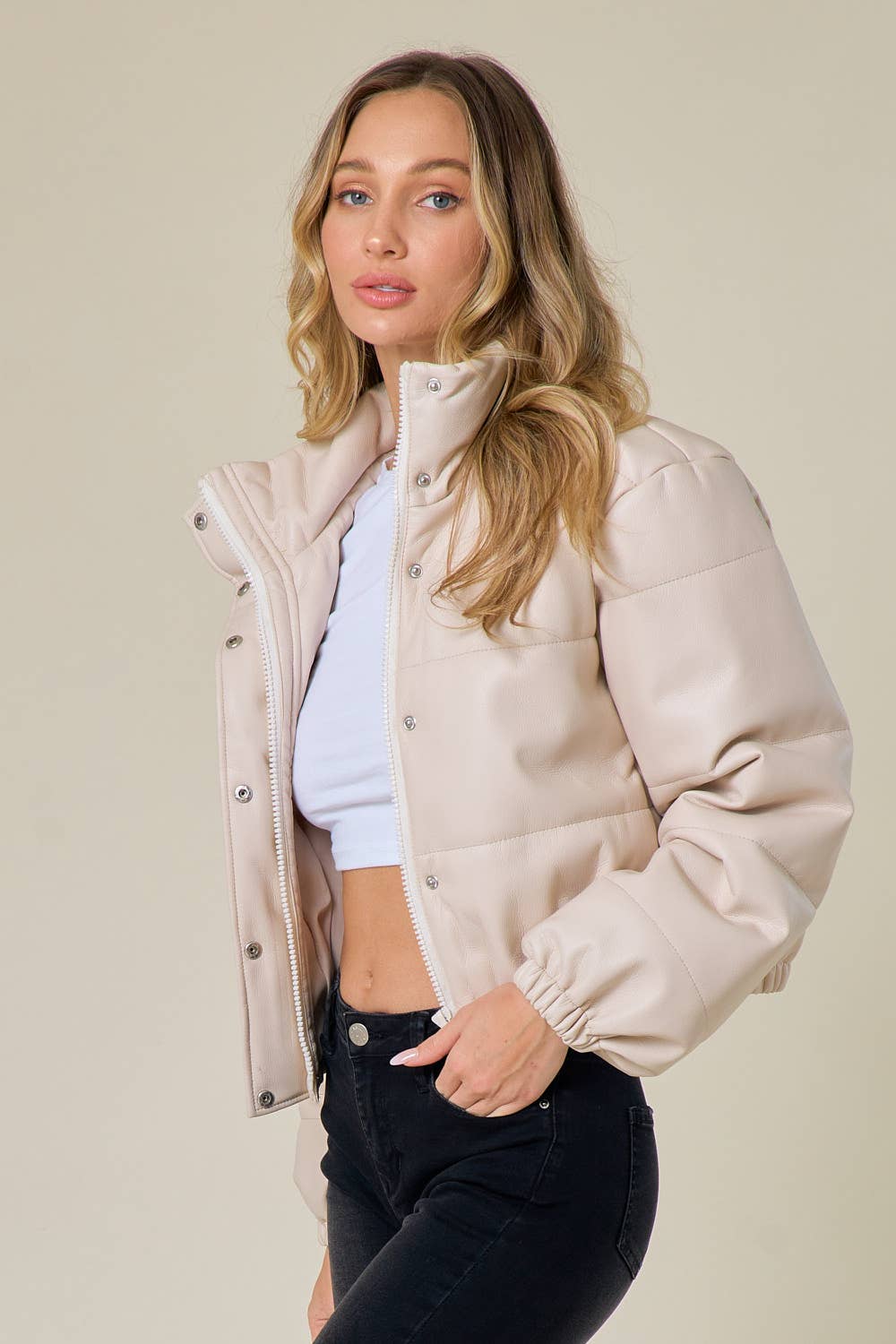 SIJ5169A CREAM FAUX LEATHER BUTTON/ZIPPER DOWN PUFFER JACKET