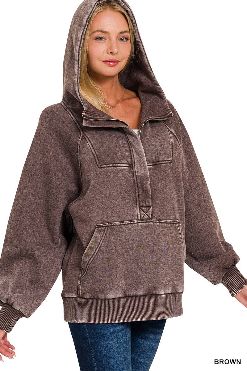 .SI-25317 Washed Fleece Oversized 1/4 Zip Hoodie
