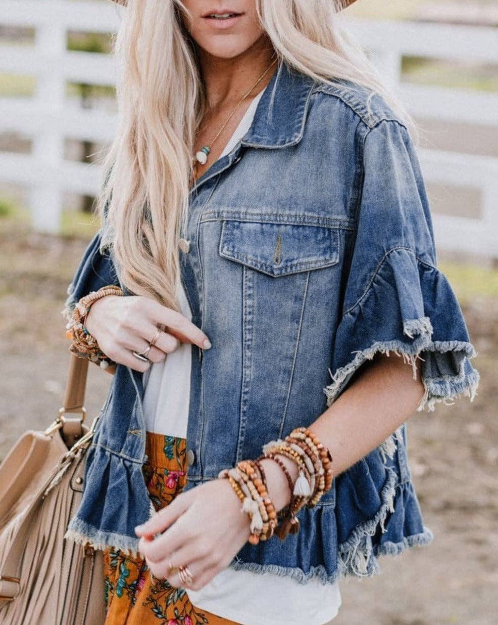 Denim Ruffle Raw Edge Jacket