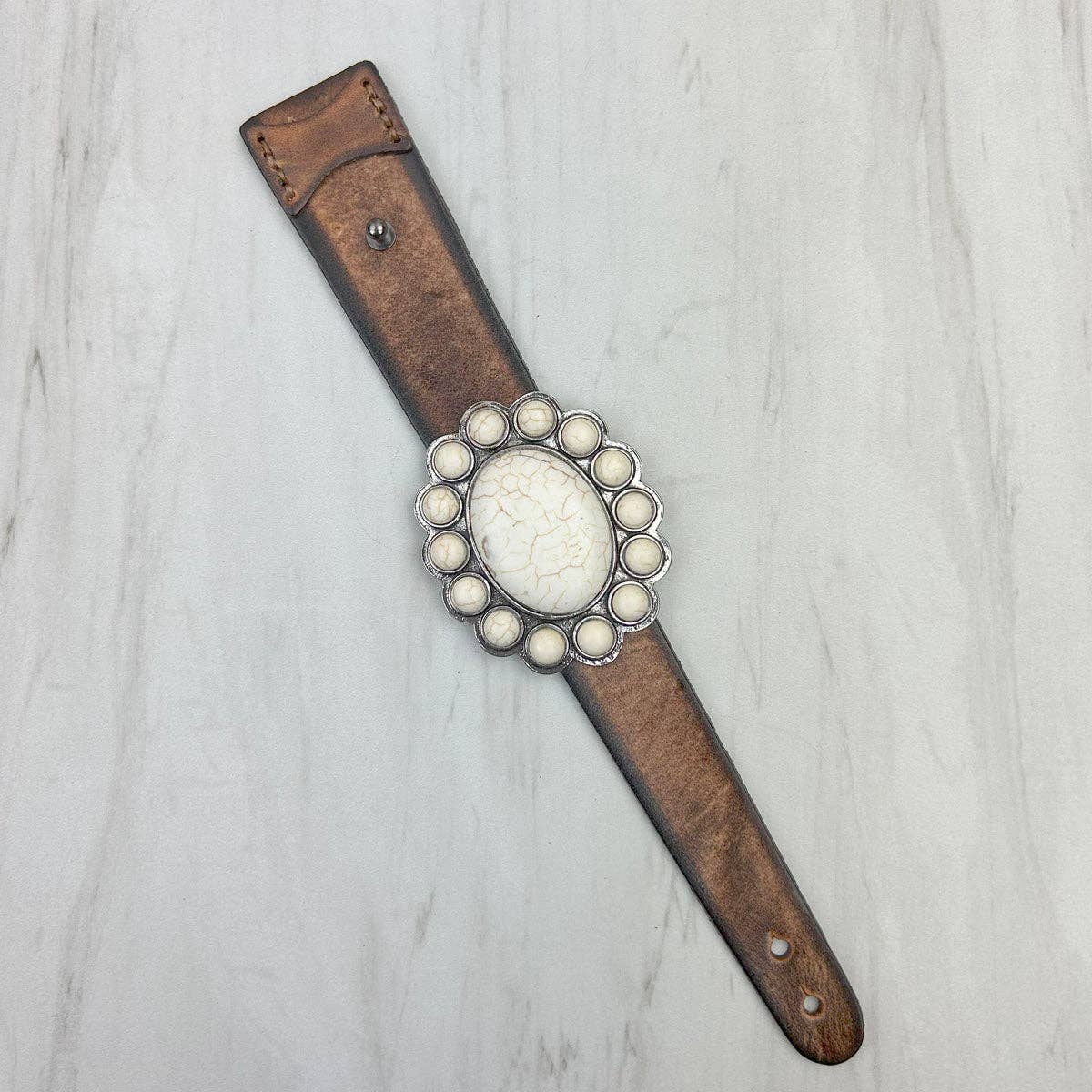 Brown leather with large blue turquoise stone oval concho bracelet