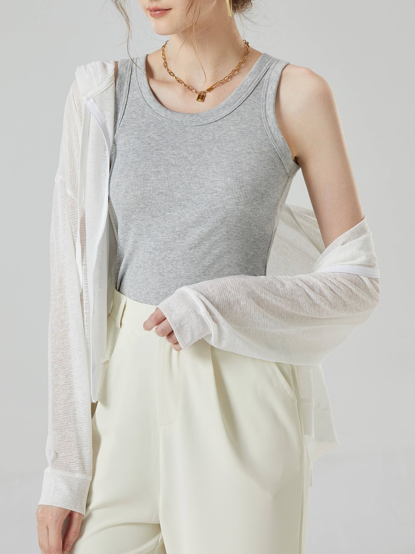 Base cotton round neck rib knit basic white tank top