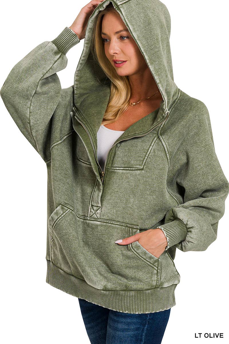 .SI-25317 Washed Fleece Oversized 1/4 Zip Hoodie