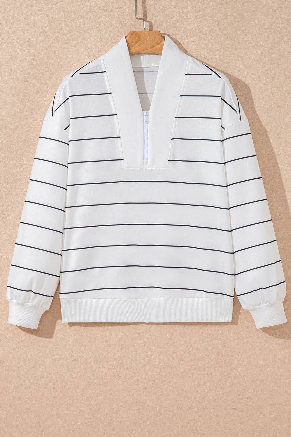 White Zip V Neck Casual Stripe Print Drop Shoulder Long Sleeve Top