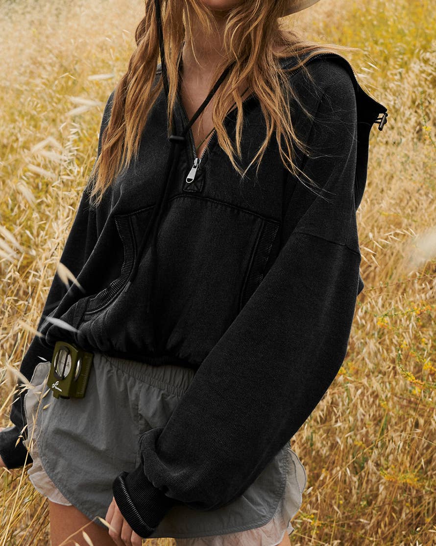 Ladies Long Sleeves Zip Collar Pocket Hoodie EWQD