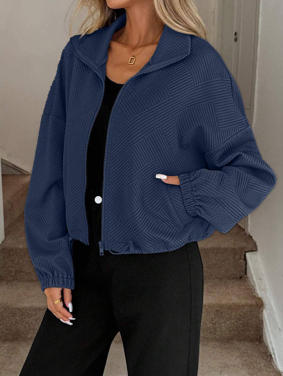 Textured Polyester Jacket Casual Bomber Oversized Zip Up