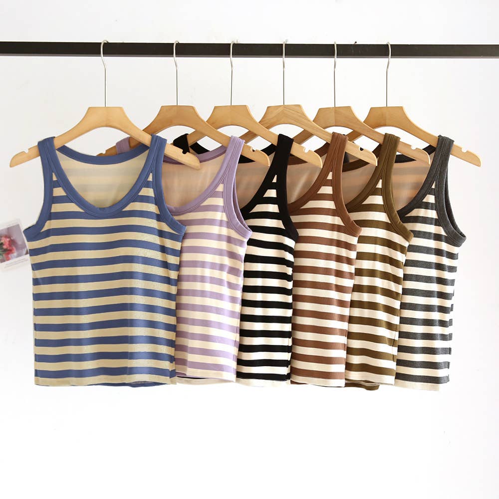 Contrast stripe scoop neck built-in bra tank top