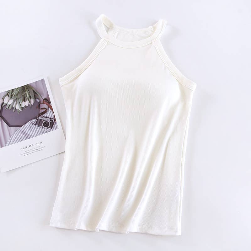 Laid back halter neck rib knit built-in bra tank top