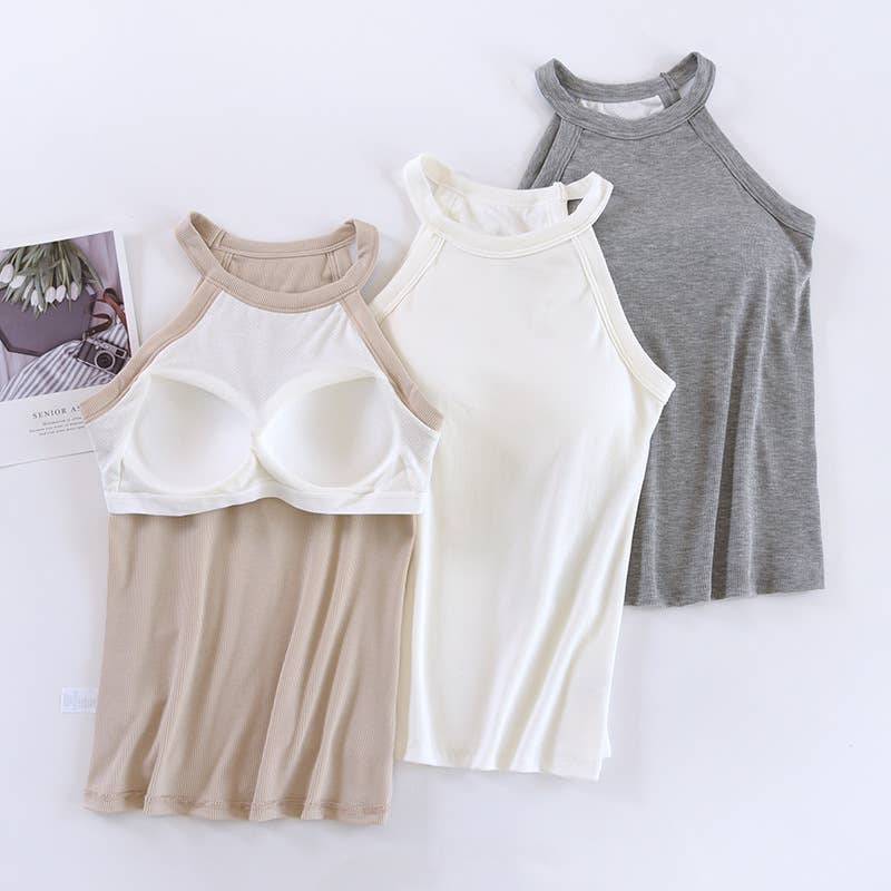 Laid back halter neck rib knit built-in bra tank top