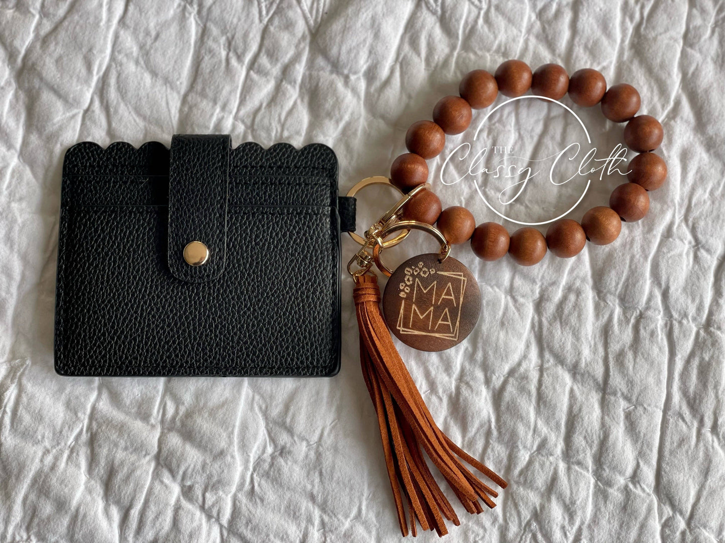 MAMA Wristlet Keychain Wallet- Solid Wood w/ Brwn Tassel RTS