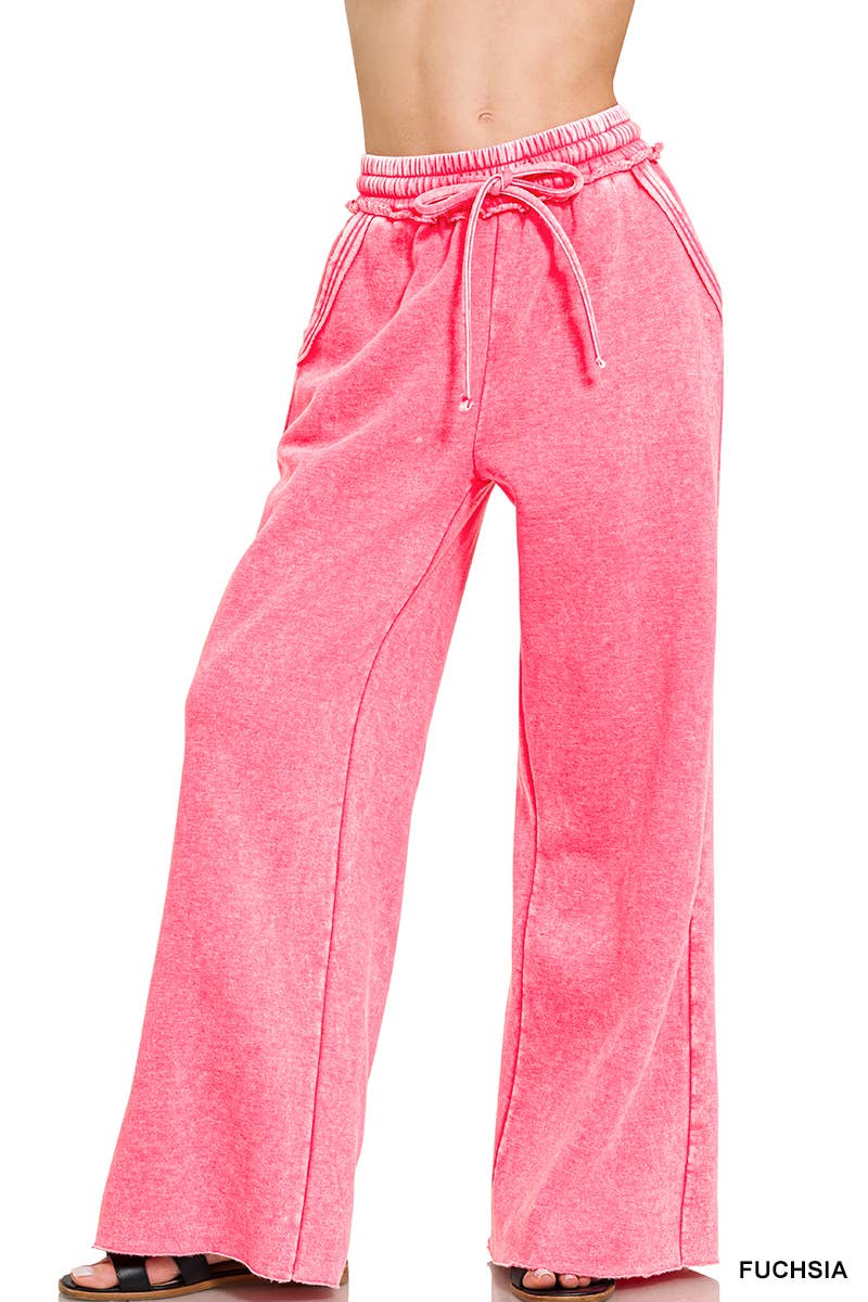 Acid Wash Fleece Palazzo Sweatpants With Pockets