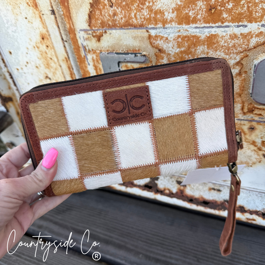 Stockdale Brown Checkered Cowhide Womens Wallet Wristlet