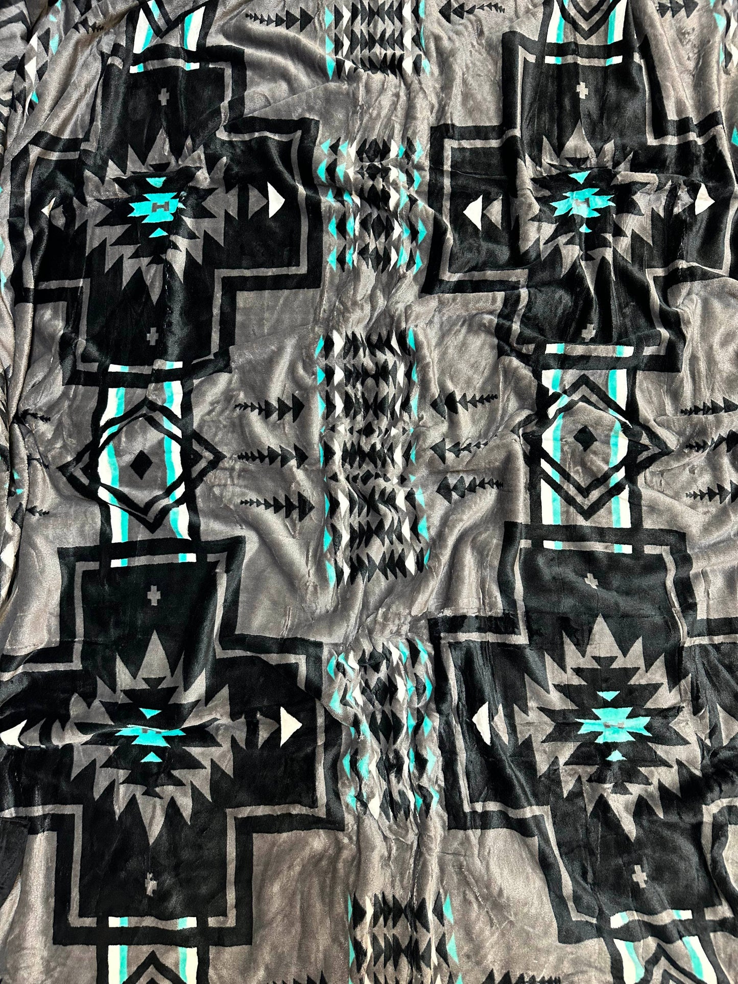 Gray & Teal Southwest Aztec King Size Super Plush Blanket