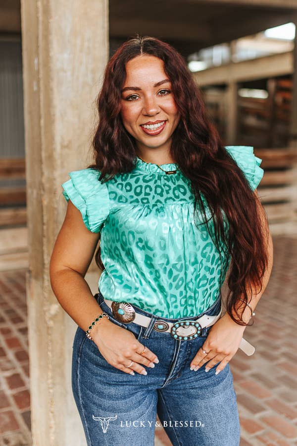 Turquoise Leopard Satin Pleated Ruffle Sleeveless Top