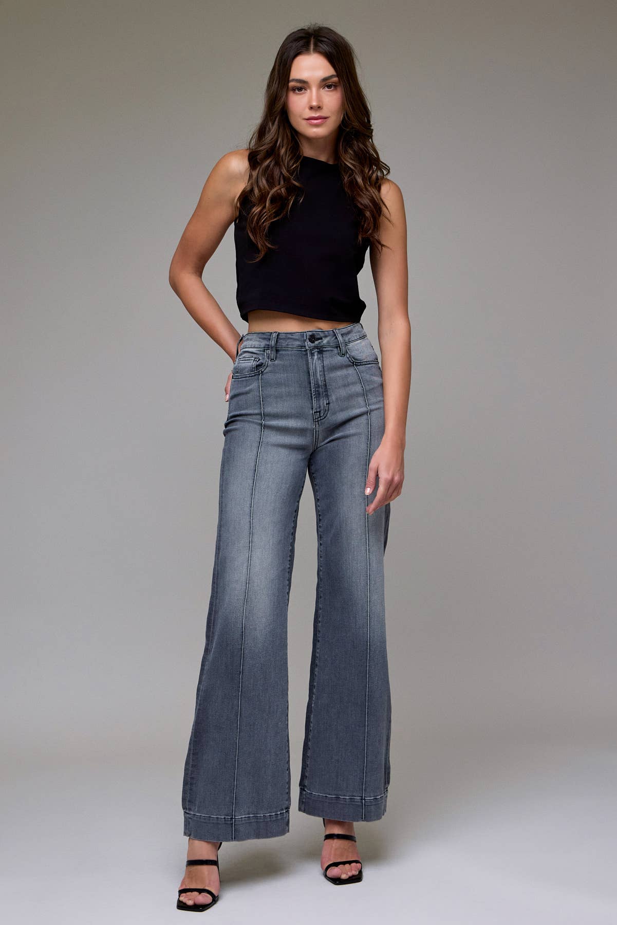Grey Wash Pintuck High Rise Comfort Flare