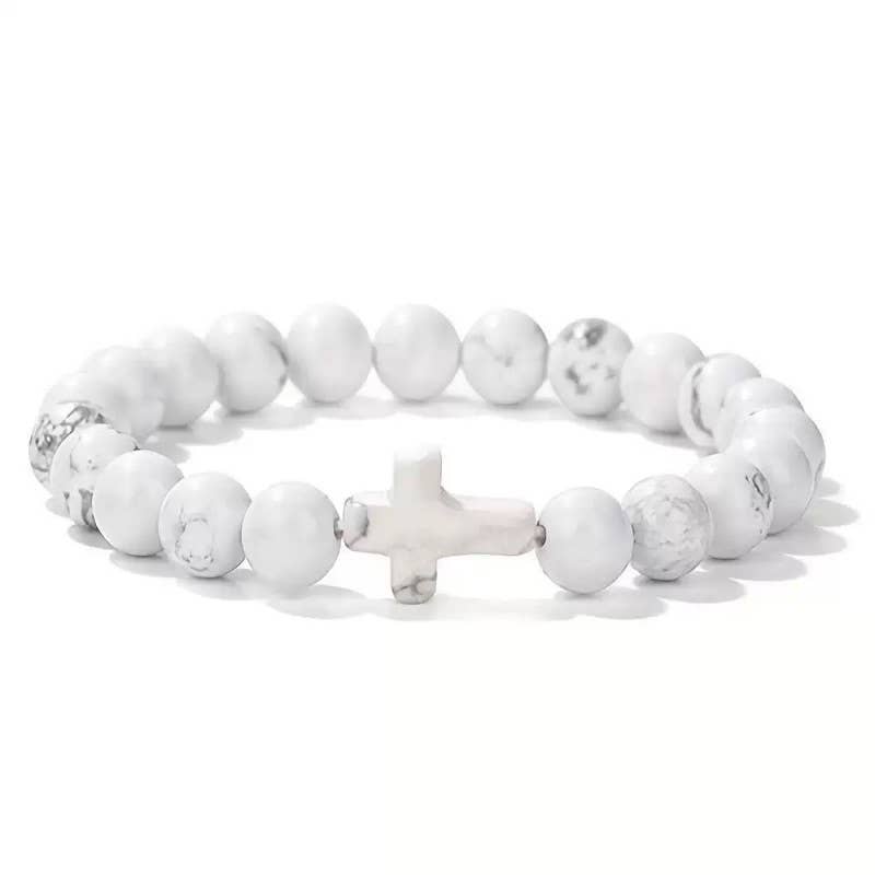 Boho Natural Stone Cross Charm Beaded Bracelet | 40B5248