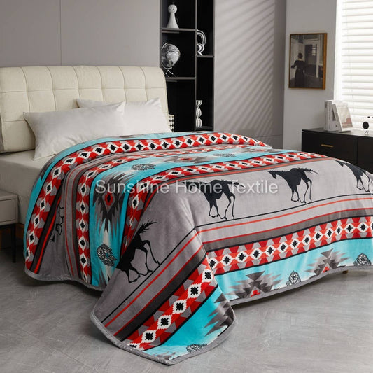 Blue Running Horse Southwest King Size Super Plush Blanket