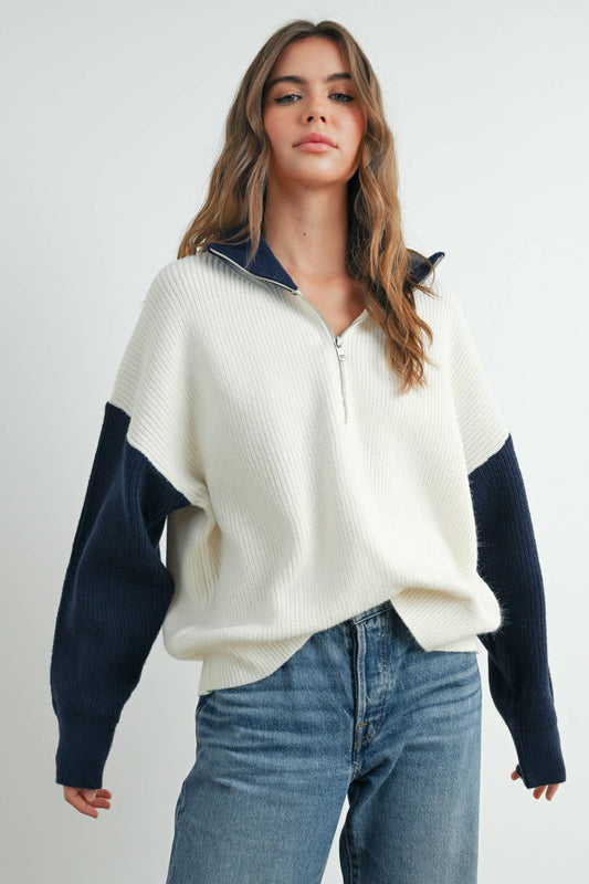 Color Block Collar Half Zipper Pullover Sweater - BMW7589
