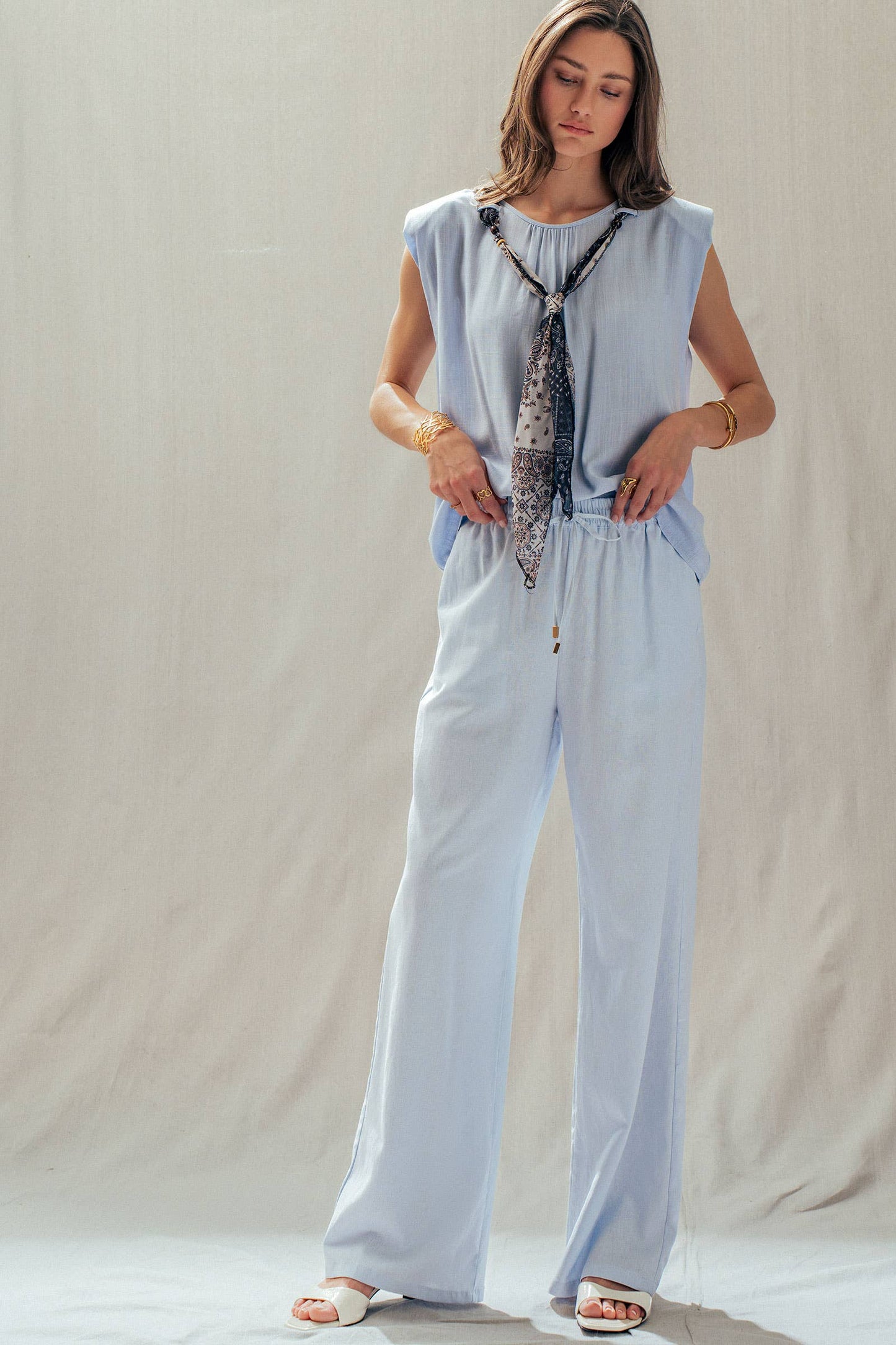 Linen Blend Wide Leg Pants Drawstring Waist